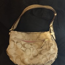 Coach Beige Logo Gold  C  Pattern Shoulder Bag with Front Zipper Pocket.