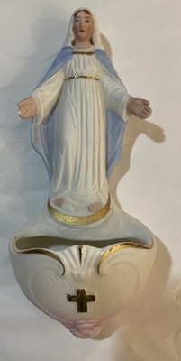 Beautiful Vintage Ceramic Religious Figure Virgin Mary Holy Water Font