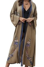 Khaki Floral Embroidered Long Kimono Duster Robe Festival Boho Lagenlook OS