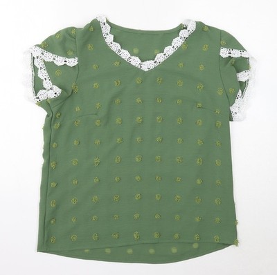 Grefit Damen Basic Bluse grün geometrisches Polyester Größe L V-Ausschnitt