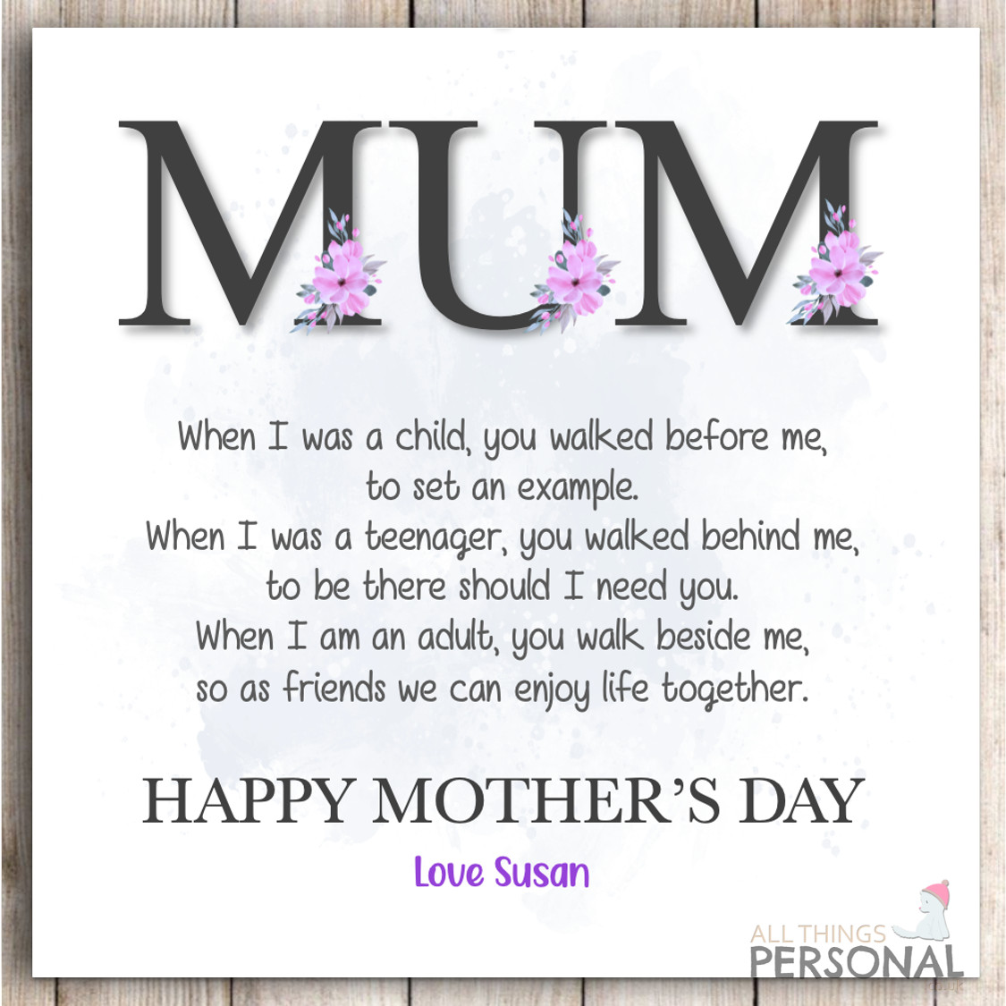 Poem Mothers Day Card Personalised for Mum Mother's Day Card from Son Daughter