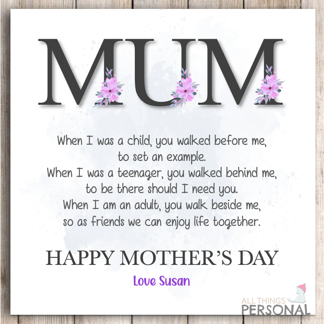 Poem Mothers Day Card Personalised for Mum Mother's Day Card from Son Daughter