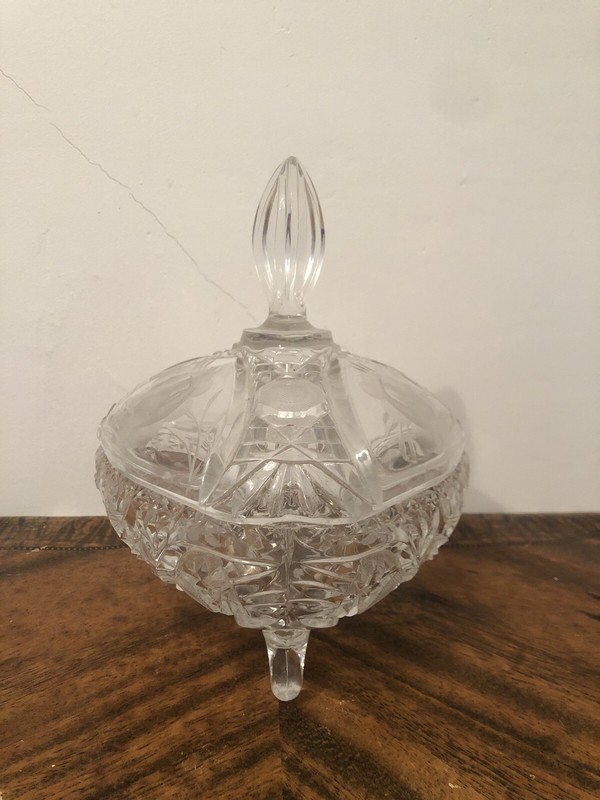 Vintage triangle Glass candy trinket dish with lid