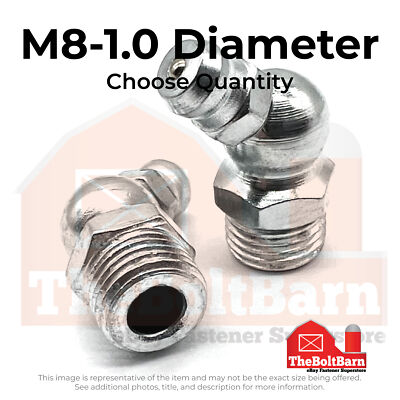 M8-1.0 Zerks Grease Fitting 45 Degree Steel Zinc (Choose Quantity)