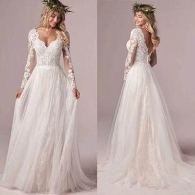 Boho Brautkleid Hochzeitskleid Langarm Spitze Aufkleber Weiß Ivory 38 40 42 - Bild 1 von 4