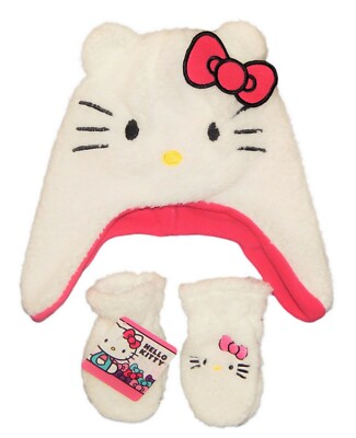 HELLO KITTY Girls White Fleece-Lined Peruvian Sherpa Hat & Mitten Set w/ Bow $25