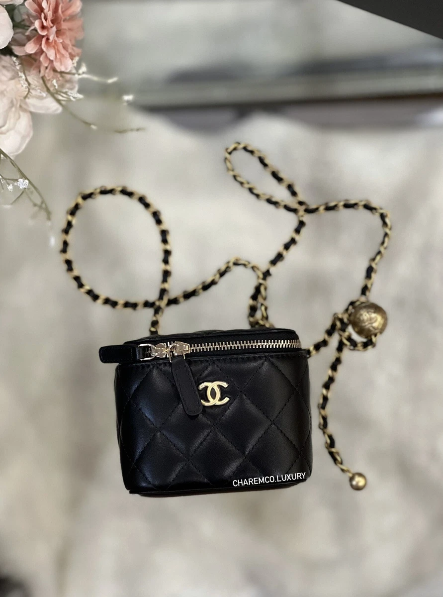 CHANEL Black Lambskin Pearl Crush Mini Vanity Case Chain Bag Gold