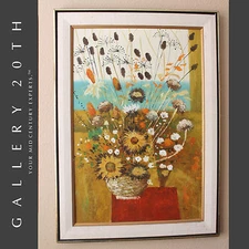 BEAUTIFUL! MID CENTURY MODERN FLOWERS IN BASKET OIL PAINTING! ORIG. VTG WALL ART