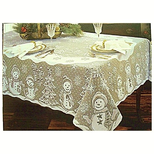 Lace Tablecloth Christmas 60" x 82" Snowman Family Ivory Dining Room Party - Picture 4 of 4