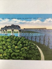 Louisiana Postcard Vtg Mid 1900s New Orleans Huey Long Bridge Train Railroad
