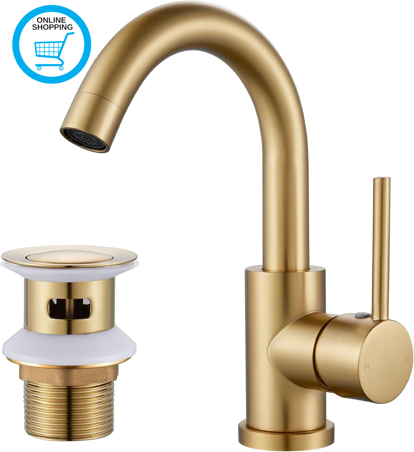Gold Basin Mixer Tap with Pop up Waste,  360° Swivel Bathroom Sink Tap Mixer, St