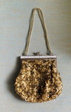 Vtg Gold Bead  Sequin Evening Bag Purse Chain Strap Hong Kong Kiss Lock Hoco