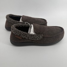 Dearfoams Mens Memory Foam Slippers Brown Herringbone Moccasin Size L 11-12 New