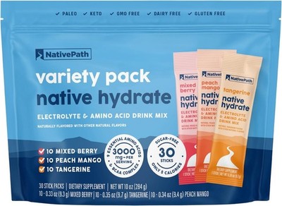 Hydrate Stick Packs with Electrolytes and Amino Acids, Variety Pack, Mixed Be...