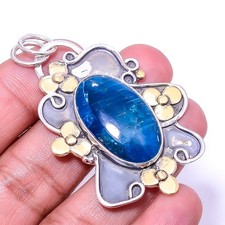 Natural Neon Blue Apatite Oxidised Two Tone Gemstone 925 Silver Pendant 2.15