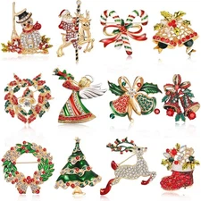 12 Pcs Christmas Brooch Pins Set for Women - Rhinestone small, Style-1 