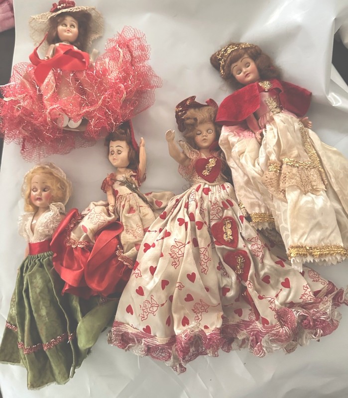 Vintage Lot of 5 Plastic Sleepy Eye Dolls with Clothes Valentines Cowgirl etc