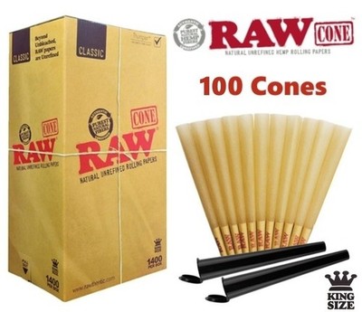 Authentic RAW Classic King Size Pre-Rolled Cones 100 Pack    2 Black Tubes