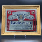 VINTAGE BUDWEISER BEER ANHEUSER BUSCH MIRRORED OAK WOOD FRAME BAR SIGN 14/11 In.