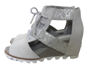 Sorel  Joanie II Size 9 Soft Gray Suede Leather Lace Up Open Toe Wedge Sandals