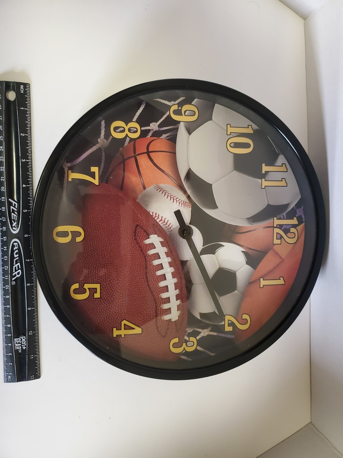 Sports Theme Kids Analog Wall Clock Black Frame Football Soccer Basketball