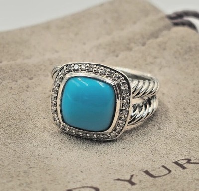 David Yurman Ring Sterlingsilber Albion 11 mm Türkis und Diamanten Größe 9