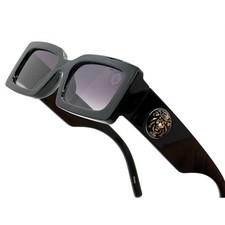 Black Rectangle Sunglasses Gold Lion Accents Fashion Shades Retro Trendy Shades