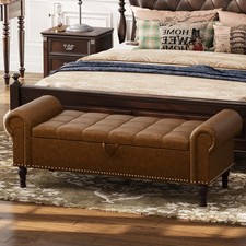 51&rdquo; Upholstered Tufted Button Faux Leather Storage Ottoman Bench Yellow Brown