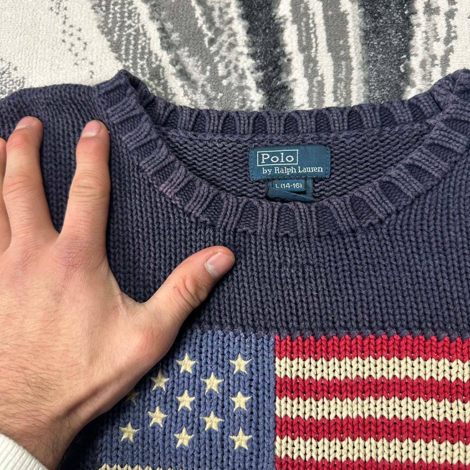 VTG Ralph Lauren Big USA Flag Navy Youth Large 14-16 /  Women's XS Knit Jumper image 2