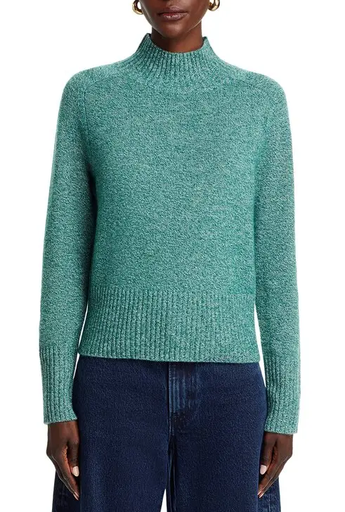 Aqua 100% Cashmere women's Ribbed Mock Neck Sweater - Small - Rainforest / Ivory