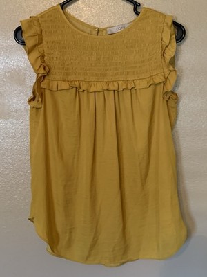 Loft Mustard Smocked Flutter Sleeve Top Size XS