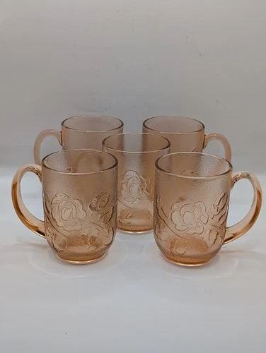Vintage Set Of 5 Arcoroc France Pink Rosaline Rose Glass Mugs Coffee Tea 4"