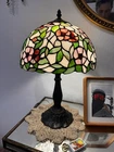 Vintage  Tiffany-Style Table Lamp with Rose Pink Stained Glass Lampshade