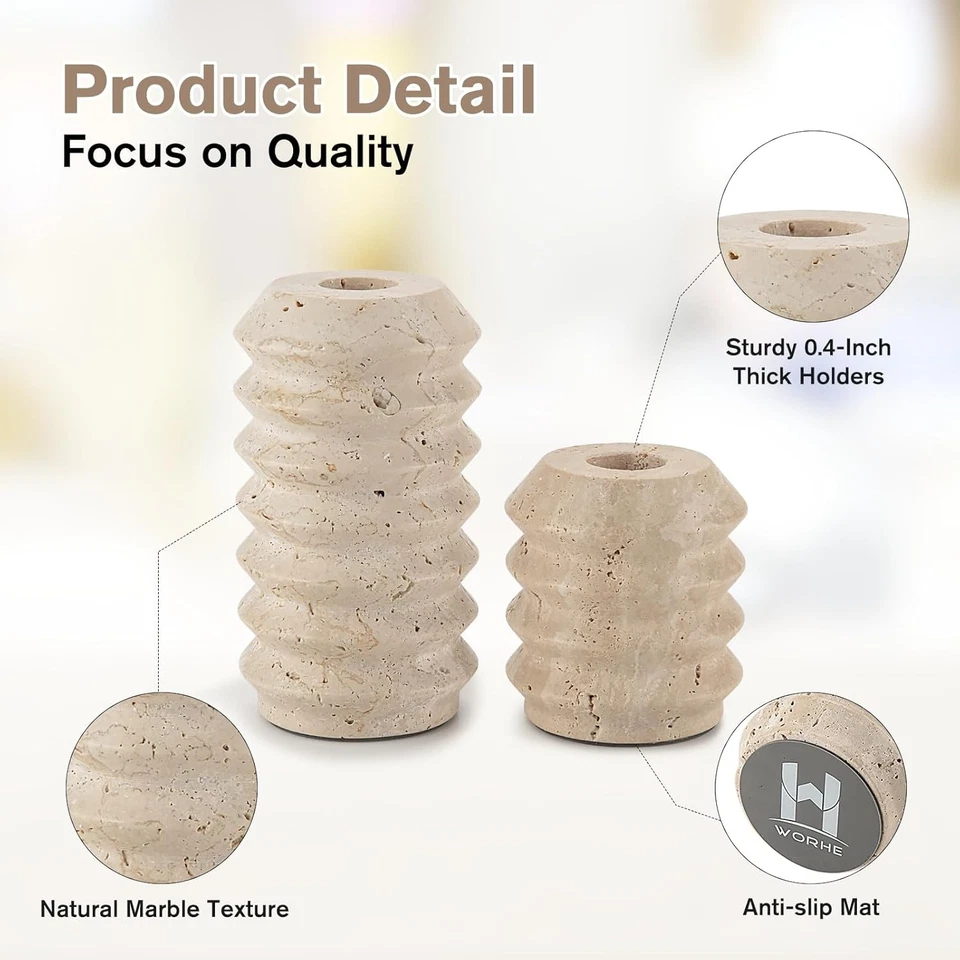 Candelabros True Natural Travertino Piedra 0.4" Grosor, Juego de 2 Mármoles Premium Foto 3 de 4