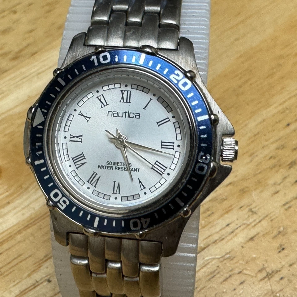 Vintage Nautica Quartz Watch Women 50m Silver Blue Rotating Bezel New Battery - image 2 of 4