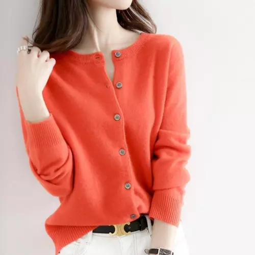 Cárdigan suéter simple de mezcla de cachemir para mujer color liso cuello redondo chaqueta abrigo - Imagen 31 de 37