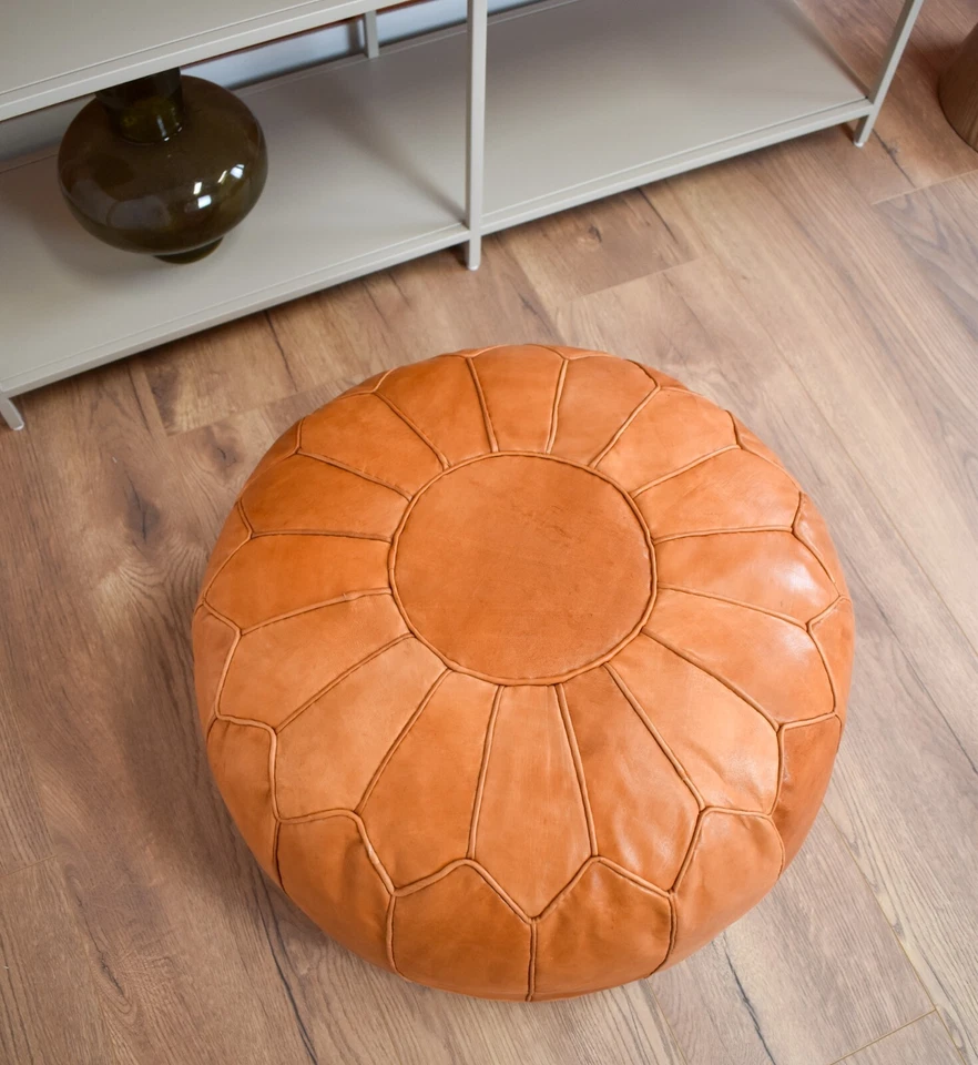 Scandinavian Leather Pouffe XL Sand Brown- Delivered Stuffed, Ottoman, Footstool - Image 2 of 4