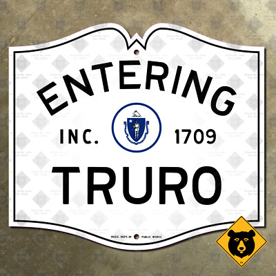 Entering Truro Massachusetts city limit highway road sign Cape Cod 1950 12x10