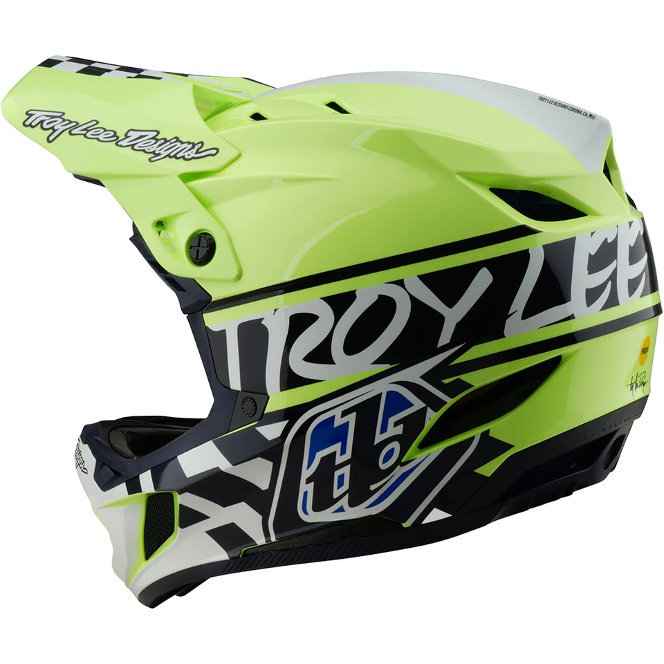 Troy Lee Designs D4 Polyacrylite MIPS 头盔 BMX MTB DH Fifty-50 海军蓝/格洛黄色 — 第 3/4 张图片