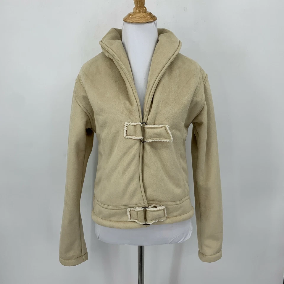 Chaqueta acolchada de gamuza sintética recta talla S beige cremallera completa forro polar grueso Foto 2 de 4