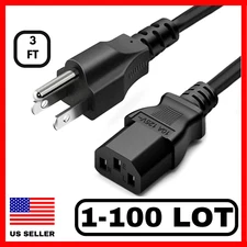 Lot 1-100 AC 3 Prong Universal Power Cord Short 3FT Cable For Desktop PC Xbox HP