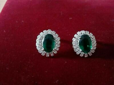  2.20Ct Oval Cut Green Emerald Halo Stud Push Back Earrings14K White Gold Finish