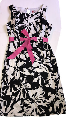 R&K R K Originals Black White Floral Sun Dress 6 S Sleeveless Pink Ribbon Belt