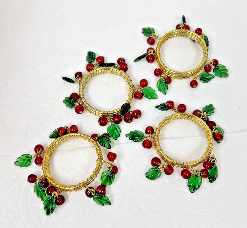 Set of 4 Fun RED Cherry Green Leaf Beady Napkin Rings Gold Tone Metal Rings
