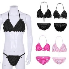 US Mens Sissy Satin Lingerie Set Ruffled Bikini Bra Top Briefs Panty Crossdress