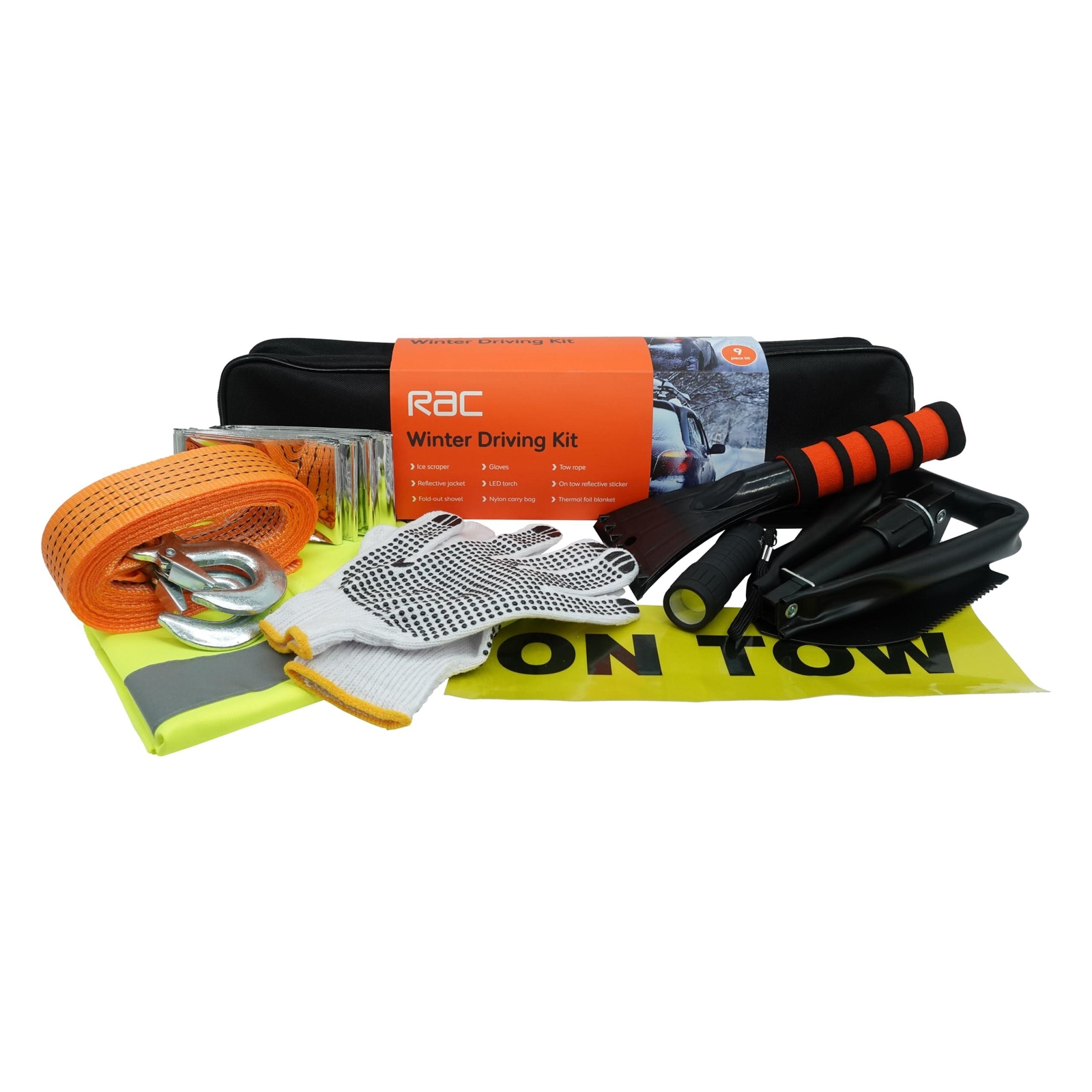 RAC Winter Driving Kit with Ice Scraper Tow Rope Gloves Torch Hi Vis Vest Shovel