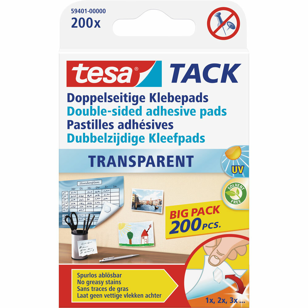 INL tesa® TACK Pad biadesivo, trasparente, riutilizzabili, 200pz