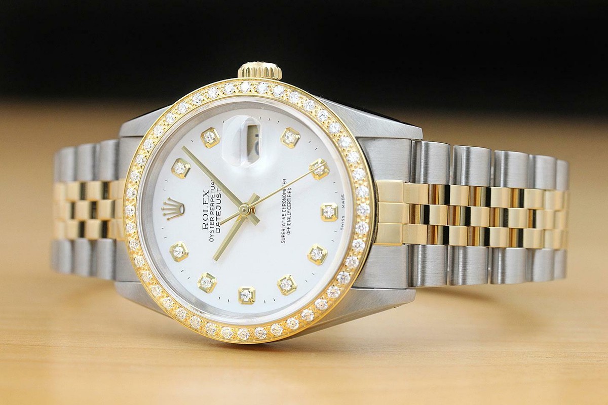SEV ホワイト 48cm ROLEX MENS DATEJUST 16233 WHITE DIAMOND DIAL 18K YELLOW GOLD STEEL