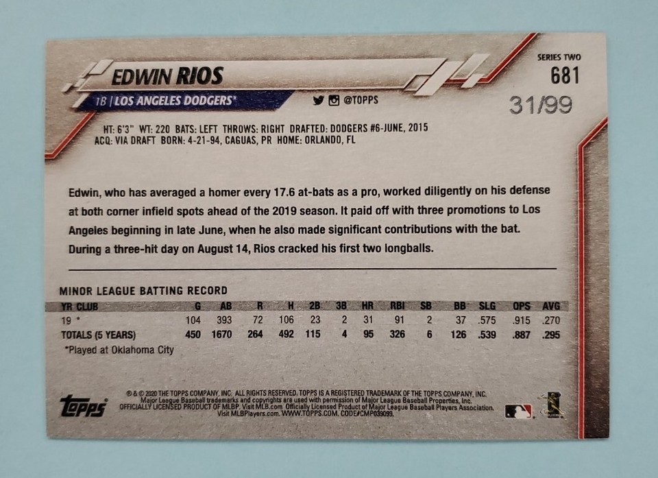 2020 Topps Series 2 Edwin Rios Vintage Stock Rookie RC #681 Card /99 | eBay