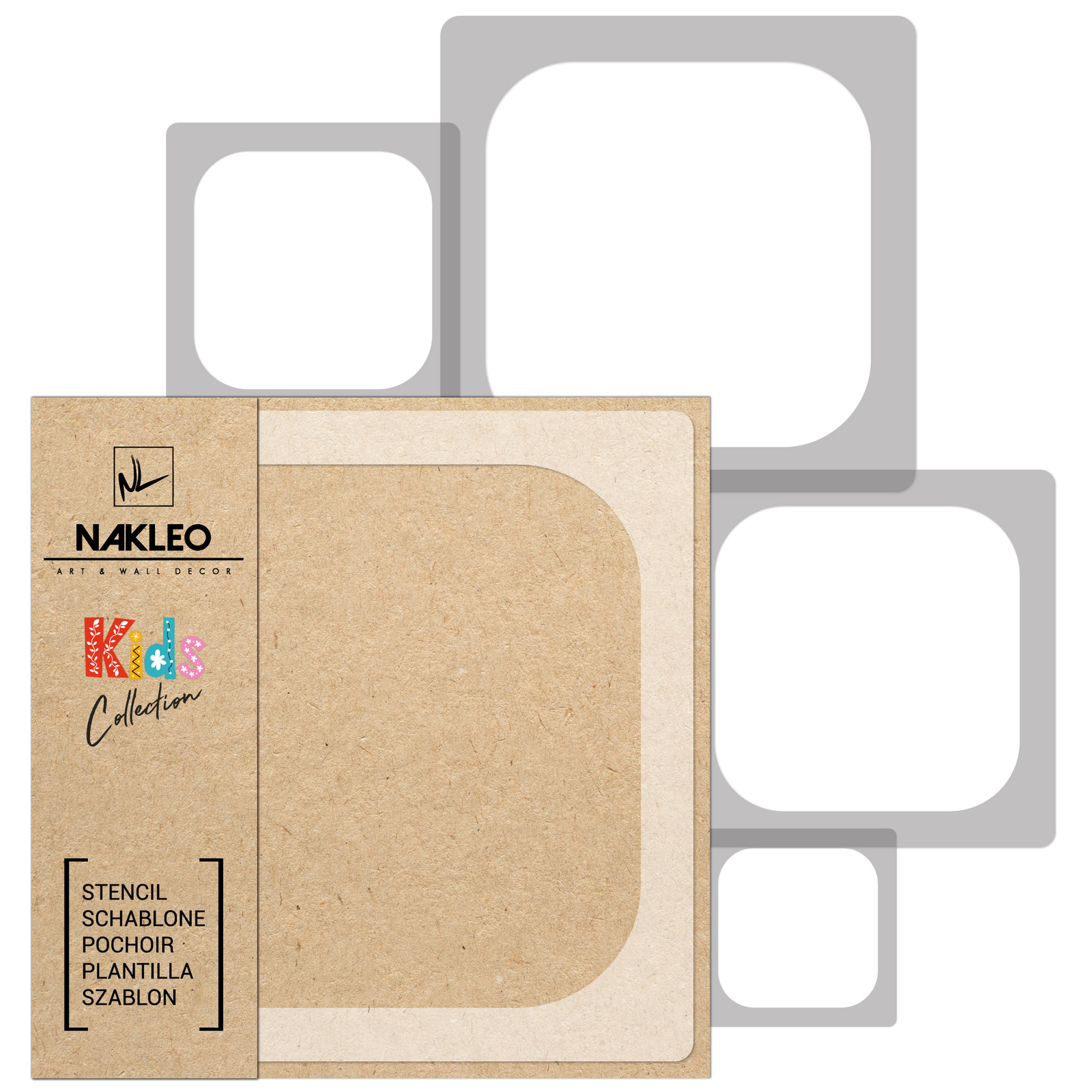 5x stencil riutilizzabili in PLASTICA 34x34 a 9x9 bambini / QUADRATO ARROTONDATO